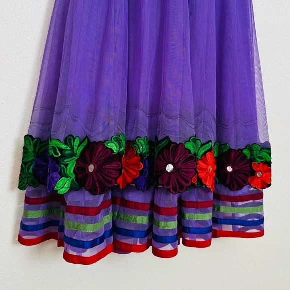 Vintage Phool Dress Indian Vibrant Purple Floral Embroidered Midi - Picture 9 of 10